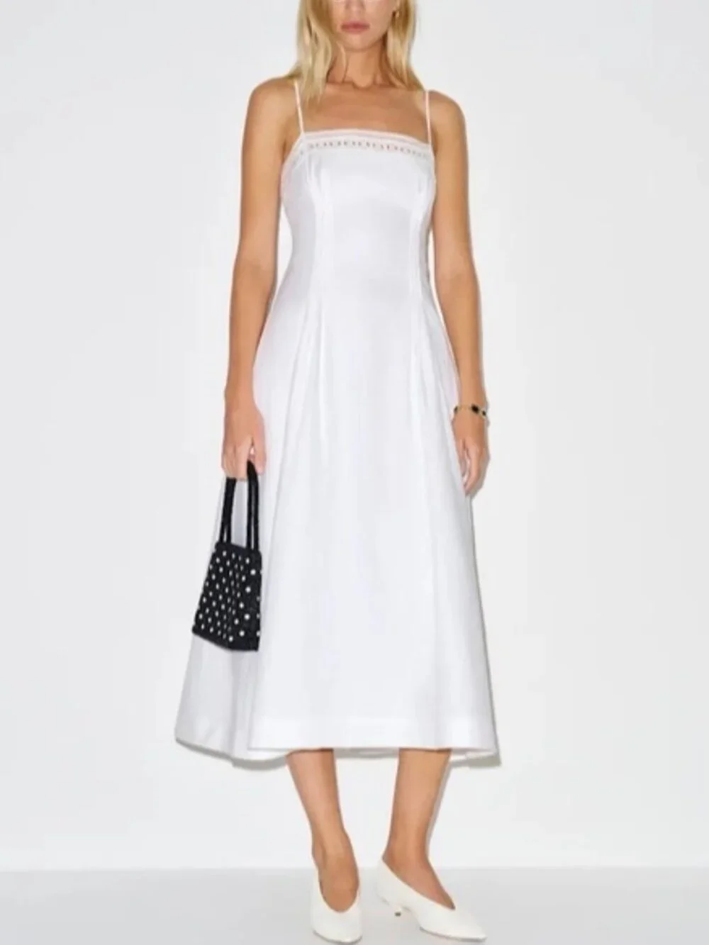 NEW Reformation Pomona Linen Lace Trim Midi Dress White | US 6 UK 10 - Picture 2 of 13